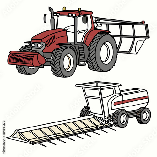 Red tractor with harvesting attachments farm agriculture
