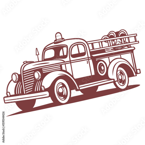 Retro fire engine with ladders and siren vintage fire truck