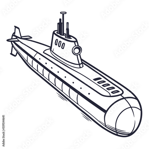 Sleek dark blue submarine with periscope and fins naval military