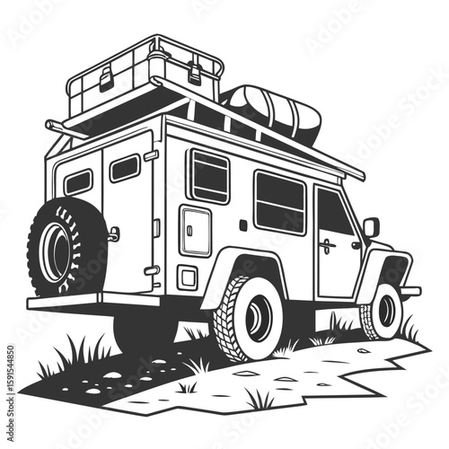Rugged off road camper trailer with rooftop cargo rugged vehicle