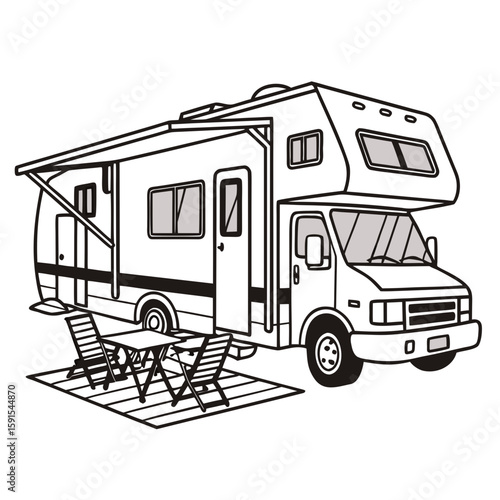 R V camper with patio furniture and awning motorhome