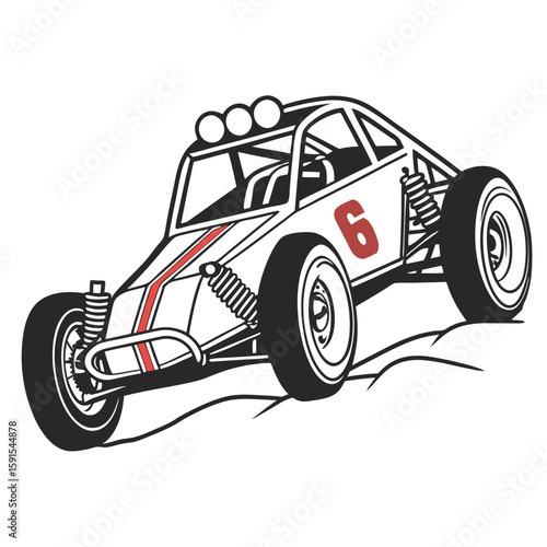 Racing buggy with red stripe and number six off road