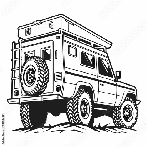 Rugged off road camper vehicle with spare tire adventure