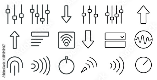 Set of icons for a music editing program. The icons include a down arrow, an up arrow, a check mark, and a clock