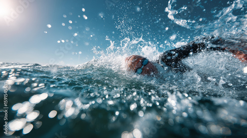 Fototapeta Naklejka Na Ścianę i Meble -  A professional triathlete swims freestyle in open ocean waters while wearing a wetsuit, highlighting strength and technique