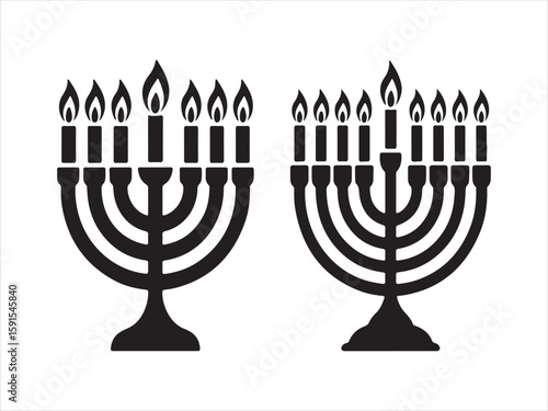 Two black menorahs with lit candles against a white background