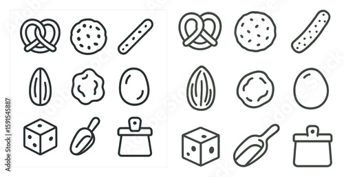 The image is a set of food icons, including a box of crackers, a cookie, and a piece of cake