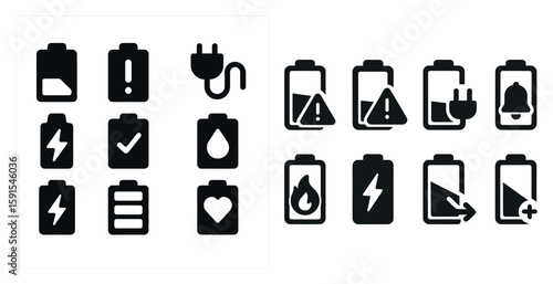 Set of icons for different types of batteries. The icons are all black and white, and they include symbols for different types of batteries, such as AA, AAA, and C batteries