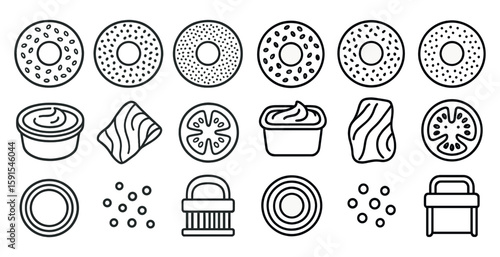 Series of donuts and other food items are shown in a black and white style. The donuts are arranged in a row, with some of them being larger than others. The other food items include a bowl, a spoon