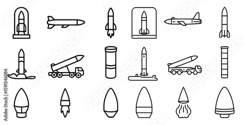Collection of various types of rockets and missiles. The rockets are all in different sizes and shapes, and some are labeled with their specific purpose. Scene is one of military power