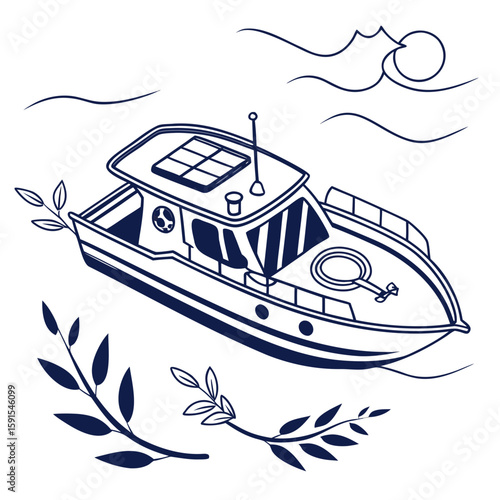 Sleek dark blue motorboat on wavy water with foliage