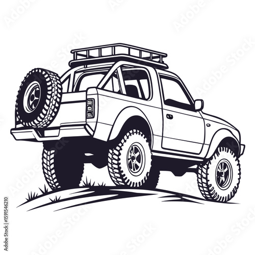 Rugged off road vehicle with roof rack and spare tire