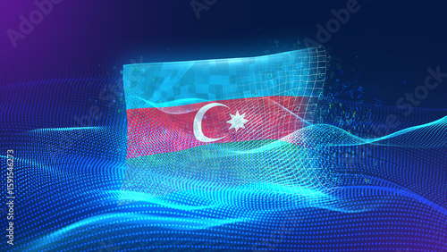 Azerbaijan A futuristic digital background merging with a national flag symbol, representing the concept of technology, innovation, and digital transformation while preserving cultural identity.