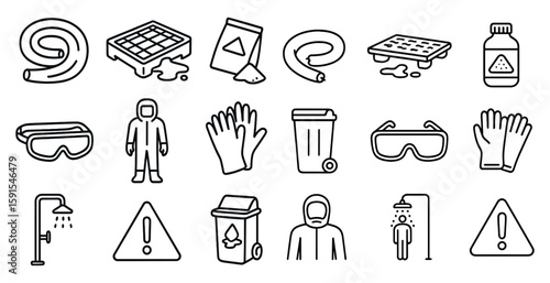 Collection of safety symbols and signs. The symbols include a person in a hazmat suit, a person wearing goggles, a person wearing a hard hat, a person wearing a safety harness