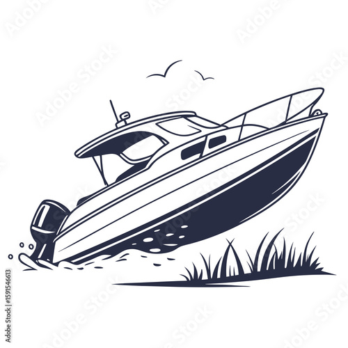 Sleek motorboat speeding through water with birds flying above