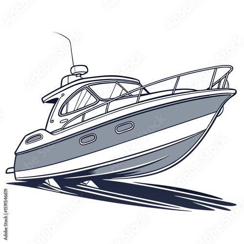 Sleek motorboat with blue accents and railing yacht