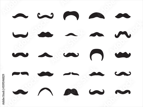 Collection of diverse black mustache styles and shapes on a white background