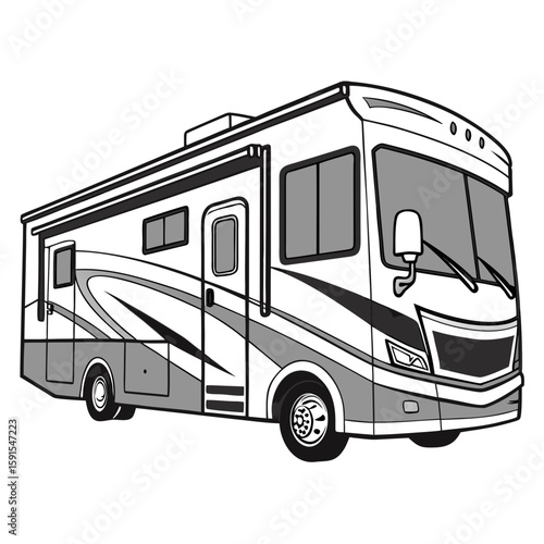Sleek white and gray motorhome with large windows camper