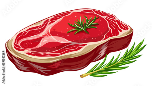Fresh raw beef sirloin steak lies on a clean white background, richly marbled and glistening with natural juices. A sprig of rosemary rests gently on top, enhancing the visual aroma.