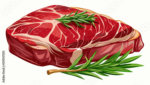 Fresh raw beef sirloin steak lies on a clean white background, richly marbled and glistening with natural juices. A sprig of rosemary rests gently on top, enhancing the visual aroma.