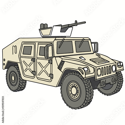 Tan military vehicle with mounted weapon off-road vehicle