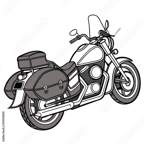 Touring motorcycle with large saddlebags and windshield