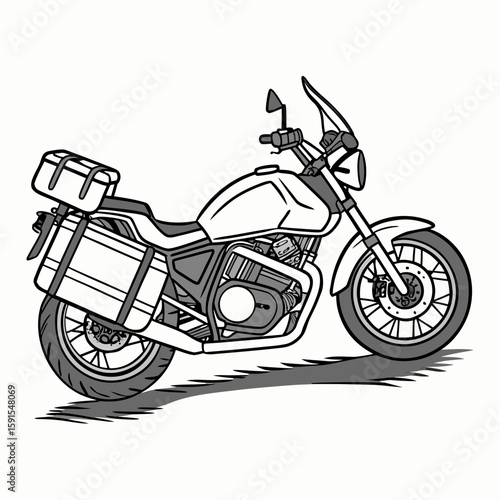 Touring motorcycle with large saddlebags and windshield luggage