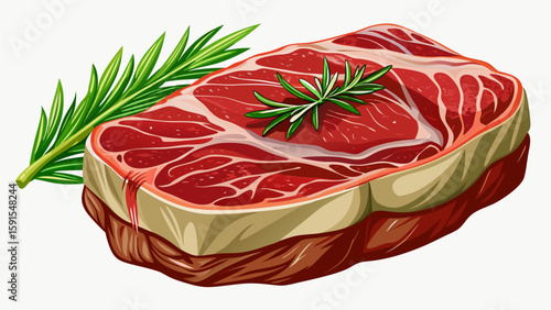 Fresh raw beef sirloin steak lies on a clean white background, richly marbled and glistening with natural juices. A sprig of rosemary rests gently on top, enhancing the visual aroma.