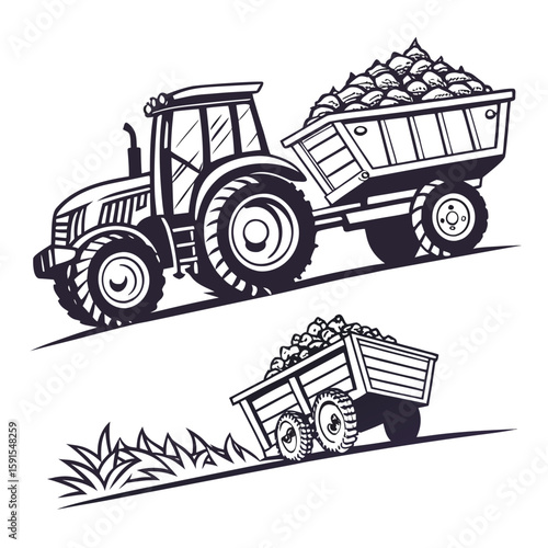 Tractor hauling trailer filled with produce agriculture harvest