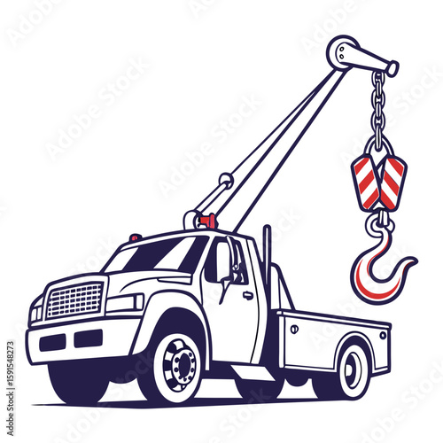 Tow truck with hook and red striped pulley chain red stripes