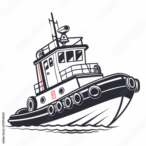 Tugboat illustration with dark hull and white superstructure marine maritime
