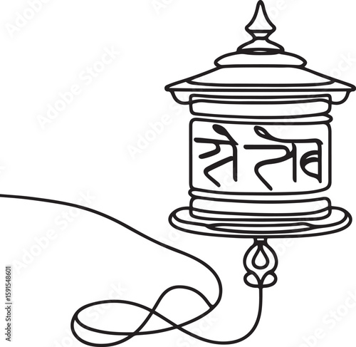 Minimalist line art of tibetan prayer wheel with sacred script in black and white