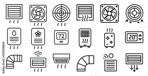 Series of icons for various types of heating and cooling systems. The icons include a fan, a thermostat, a radiator, and a dehumidifier