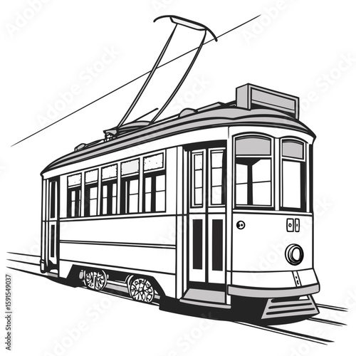 Vintage tram with pantograph and passengers transportation public transport