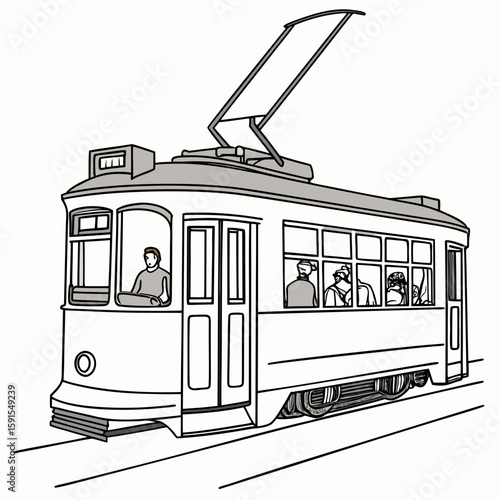 Vintage tram with passengers and driver public transport