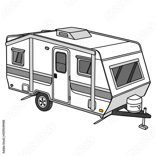 White and gray travel trailer with extended roof and windows camper recreational vehicle