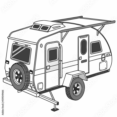 White camper trailer with extended awning and spare tire
