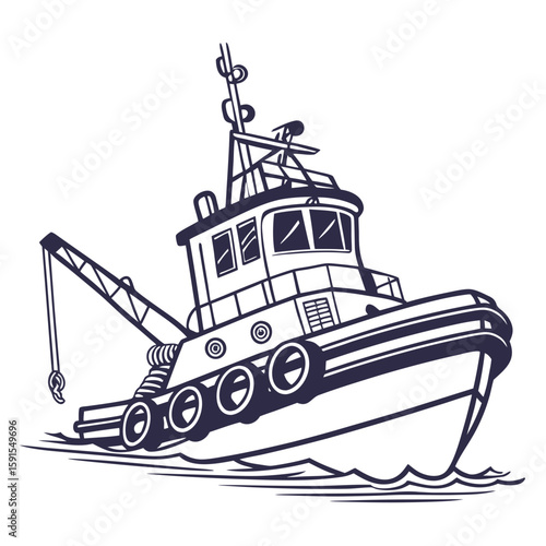Tugboat with crane sailing through waves marine water