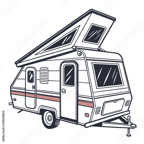 White camping trailer with pop up roof and red stripe