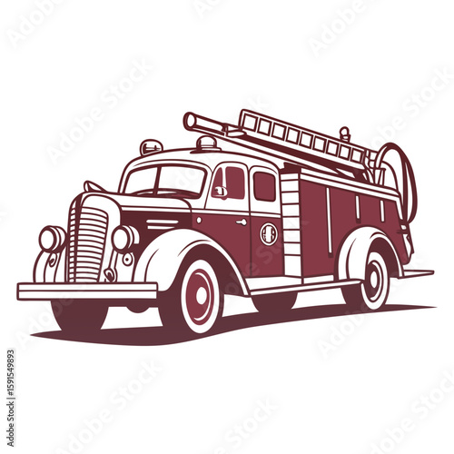 Vintage maroon and white fire engine with ladder vintage fire truck