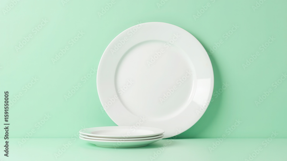 White Plates Stacked on a Green Surface with Minimalist Style and Simple Aesthetic Appeal White Plates Stacked on a Green Surface with Minimalist Style and Simple Aesthetic Appeal
