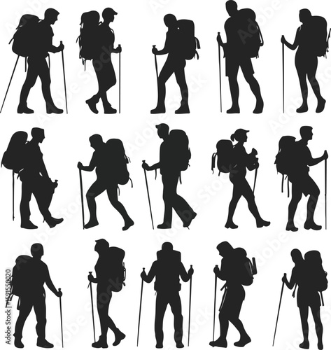 Silhouette collection of hikers with backpacks and trekking poles on white background