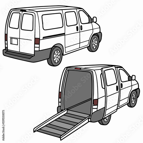White cargo van with open ramp delivery van vehicle