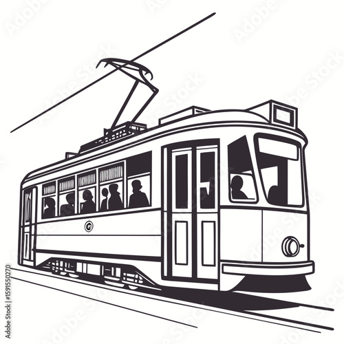 Vintage tram with passengers city public transport