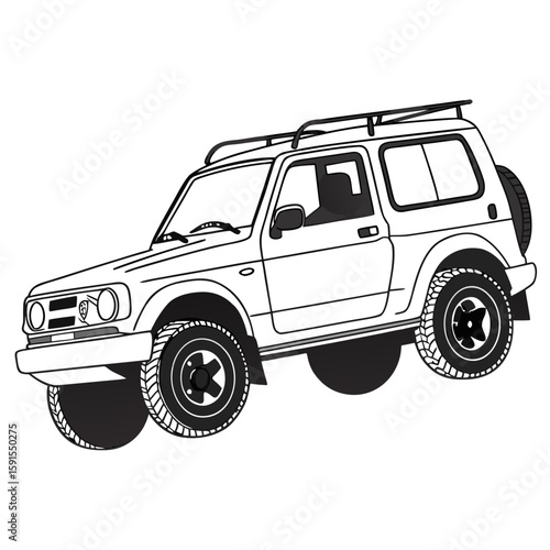 White compact off road vehicle with roof rack and spare tire four wheel drive