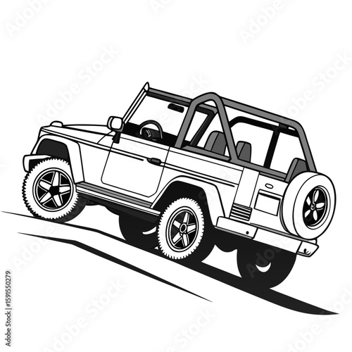 White convertible S U V driving uphill offroad vehicle