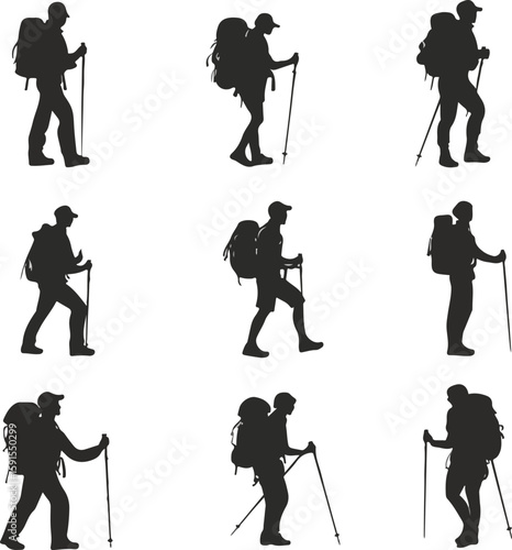 Set of Hiker Silhouettes with Backpacks and Walking Sticks on White Background