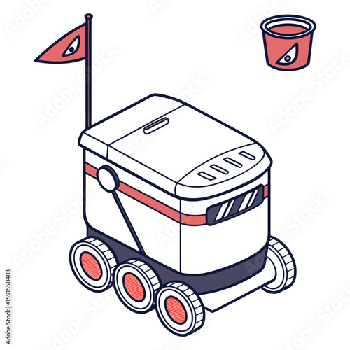 White delivery robot with coral accents and flag automated autonomous