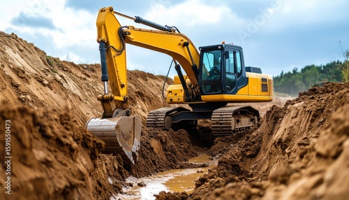 Excavator digs trench in sandy terrain