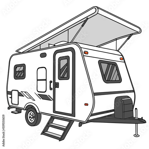 White camper trailer with open awning and steps travel trailer